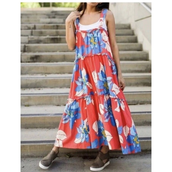 Free People Moonshine Midi Floral Linen Blend Women's Tiered Tank Dress - Picture 13 of 13